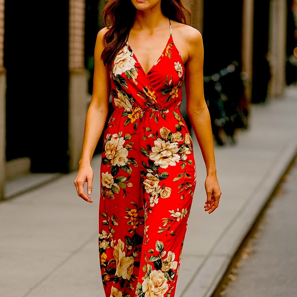 Elegant Floral Red Jumpsuit